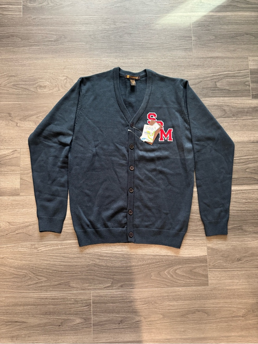 Classic Navy V-Neck Button Cardigan with Red SM Patch
